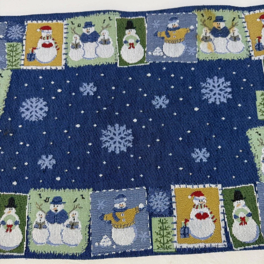 Vintage Woven Tapestry Snowman Placemats Blue Winter Holiday Set of 2